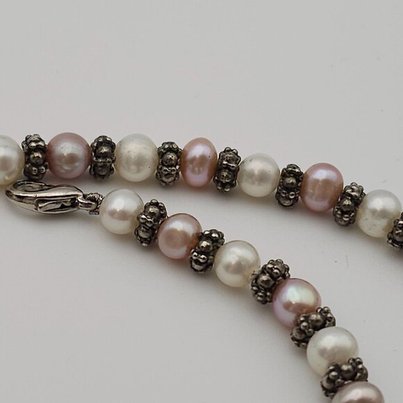 Classic 18" Freshwater Pearl Necklace Pink White Silver Beads Feminine Romantic - Picture 10 of 16